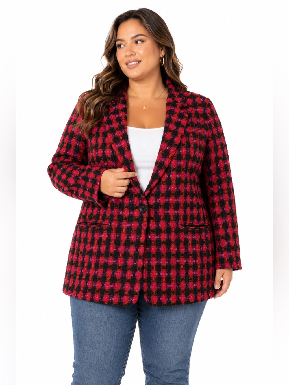 90s/Y2K Vintage Nordstrom Rare Tweed Plaid Blazer (Red/Pink/Black) Size XL